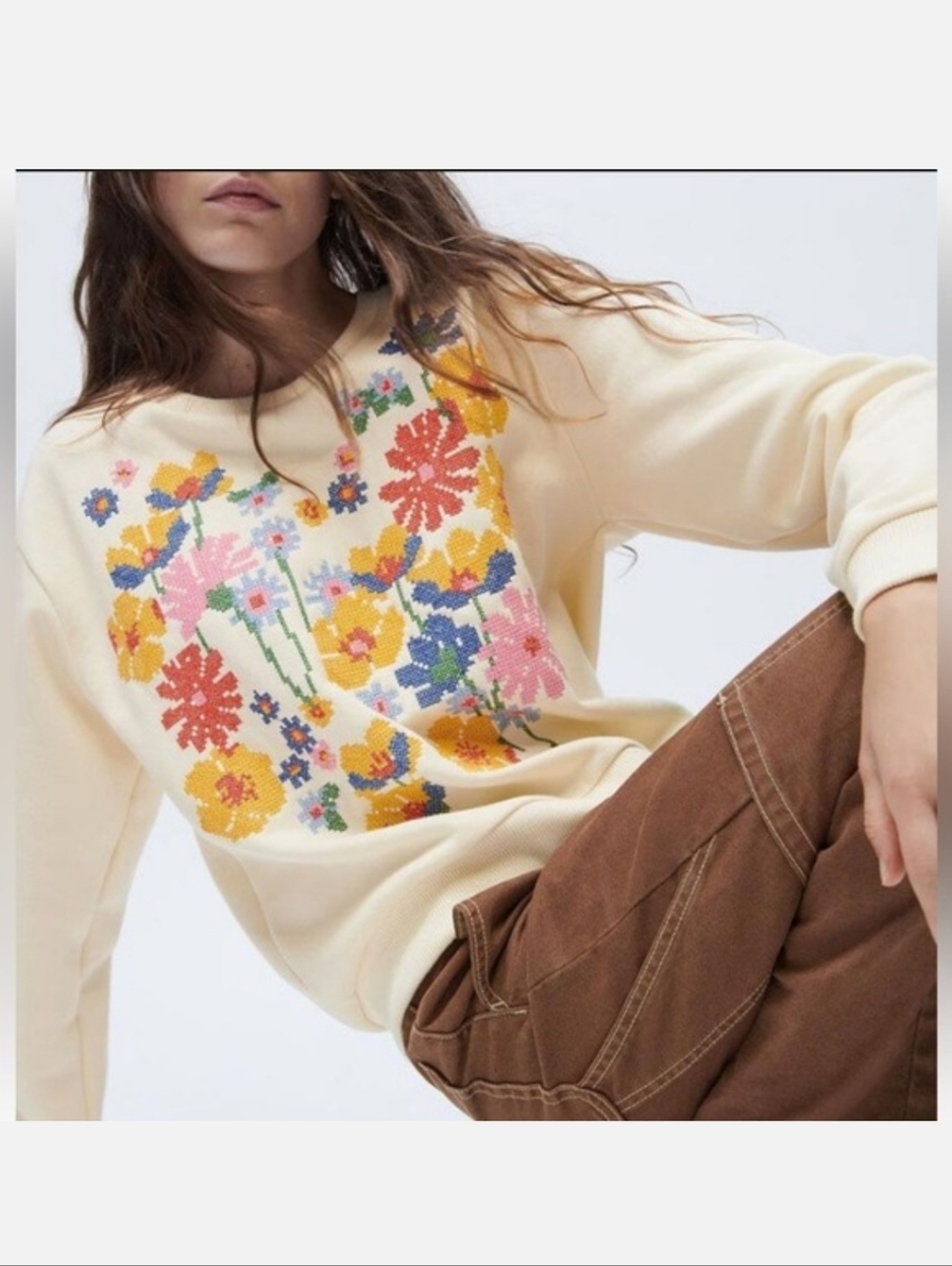 Zara Cream Floral Embroidered Crewneck Sweater Sweatshirt Size S - Picture 2 of 6